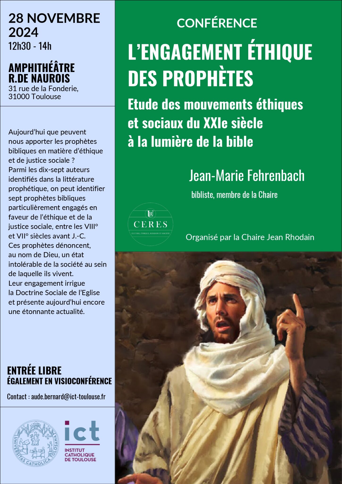 Affiche de la conférence Chaire Jean Rodhain L'engagement éthique des prophètes